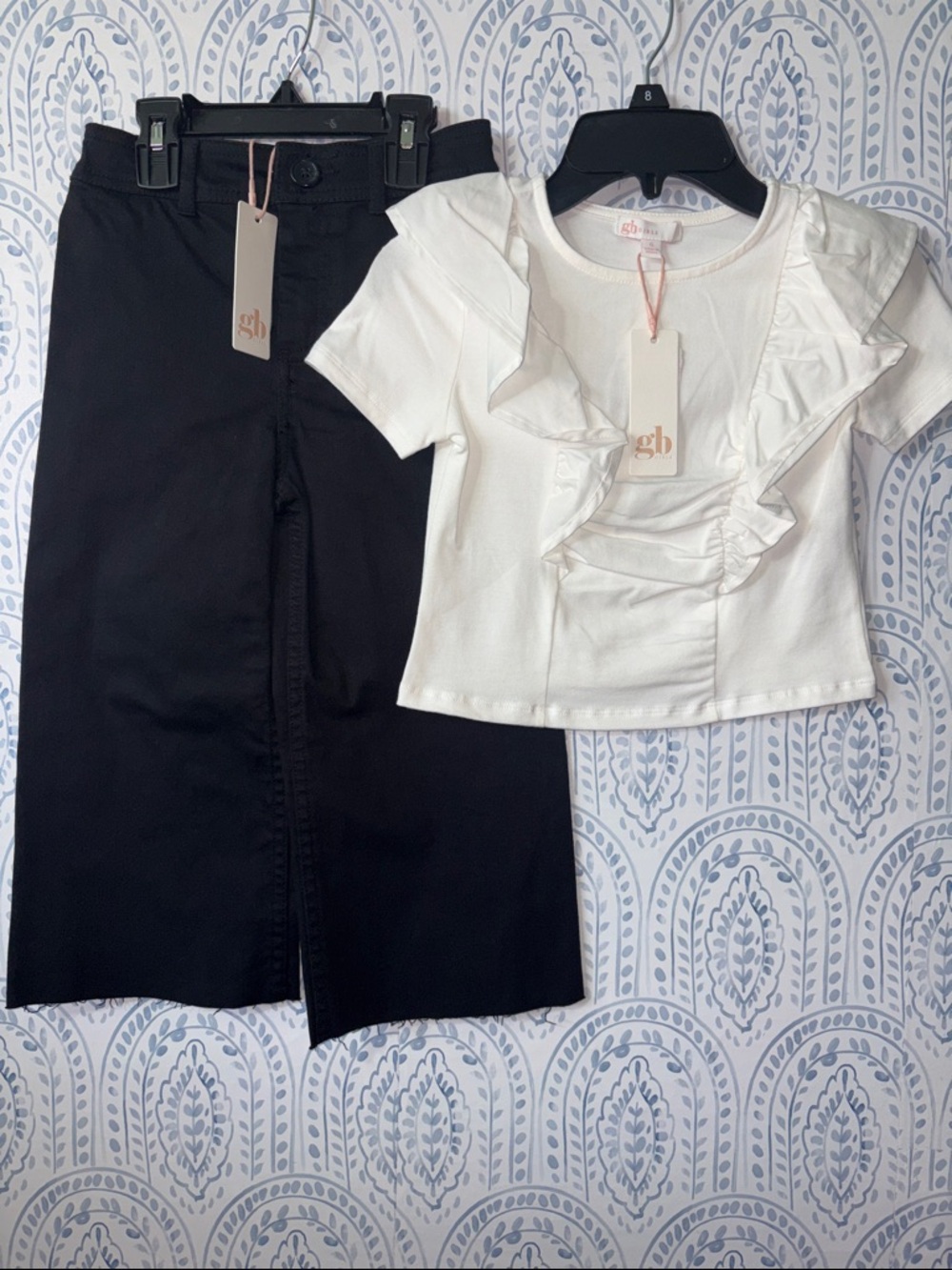 Gb Girls White Ruffle Short Sleeve Top & Black Wide Leg Denim Pants Size 6 NWT